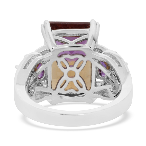 Natural Anahi Ametrine (Oct) Amethyst, Citrine and Natural White Cambodian Zircon Ring in Sterling Silver 8.400  Ct.