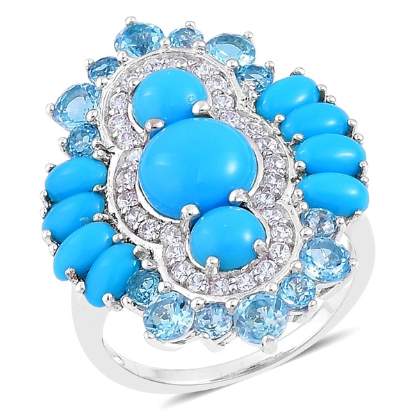 6.49 Ct Sleeping Beauty Turquoise Multi Gemstone Cluster Ring in Platinum Plated Silver 5.35 Grams
