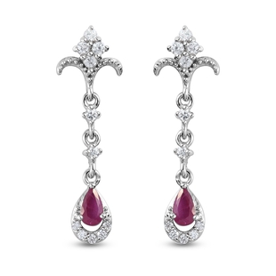 Ruby and Natural Cambodian Zircon Dangling Earrings in Platinum Overlay Sterling Silver