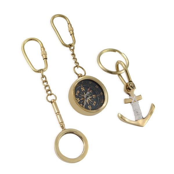 Set of 3 - Compass, Magnifying Glass & Anchor Key Chains in Gold Plated