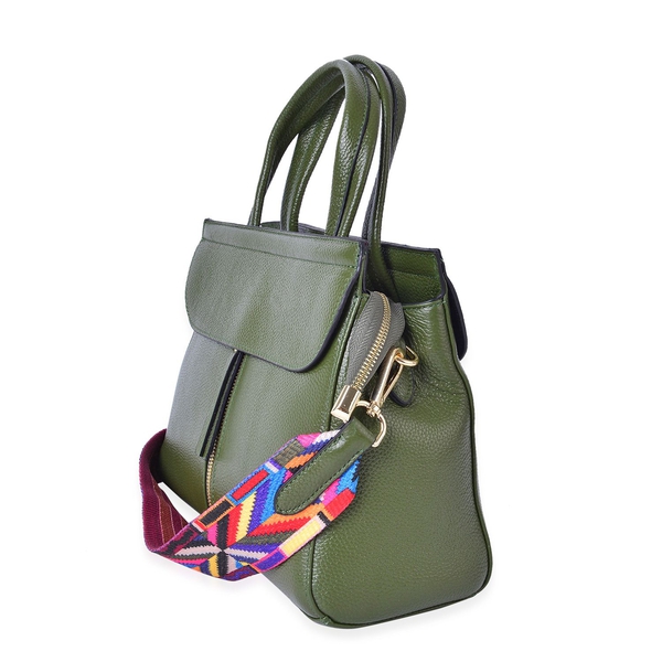 Designer Inspired  - Limited Edition- 100% Genuine Premium Leather Green Colour Tote Bag with Removable Colourful Shoulder Strap (Size 29X22X10.5 Cm)