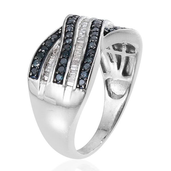 Blue Diamond (Rnd), White Diamond Criss Cross Ring in Platinum Overlay Sterling Silver 1.000 Ct.