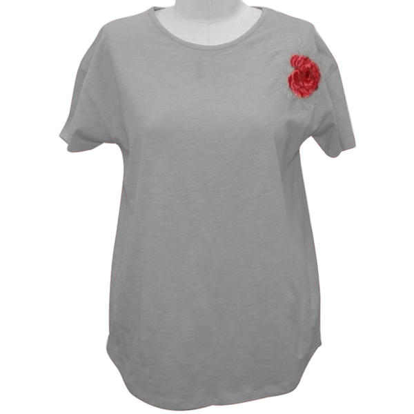SUGARCRISP 100% Cotton Short Sleeved TShirt with Flower Detail - Grey Melange