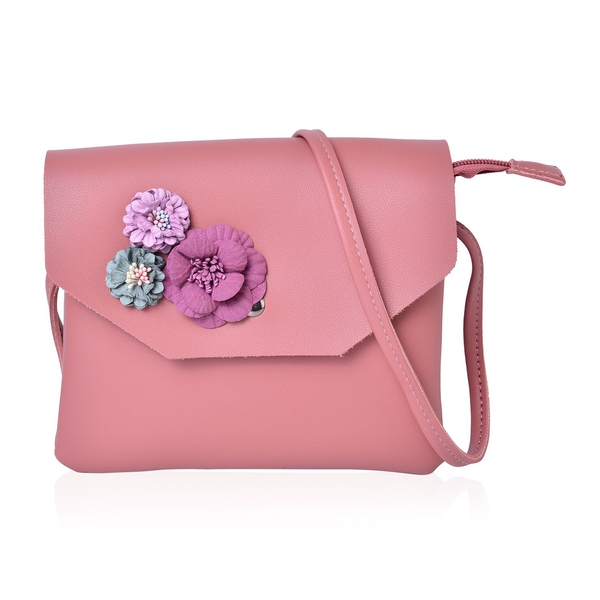 Handcrafted 3D Flowers Embellished Pink Colour Crossbody Bag (Size 19X17 Cm)