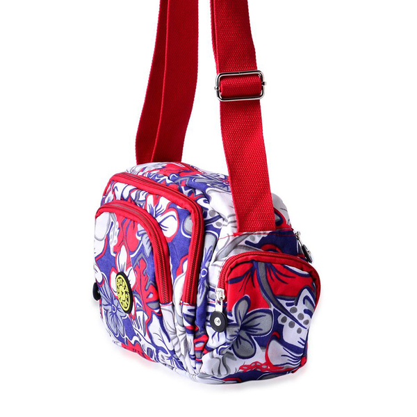 Red, Blue and Multi Colour Floral Pattern Sports Bag With External Zipper Pocket and Adjustable Shoulder Strap (Size 25x18x10 Cm)