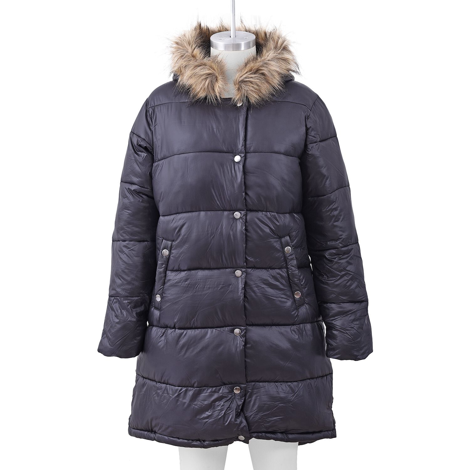 Limited Available- Ladies Long Puffer Jacket with Faux Fur Trim Hood and Two Pockets (Size XX L , 18-20) - Black