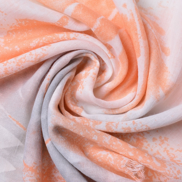 Orange, Grey and White Colour Floral Pattern Scarf with Fringes (Size 180X90 Cm)