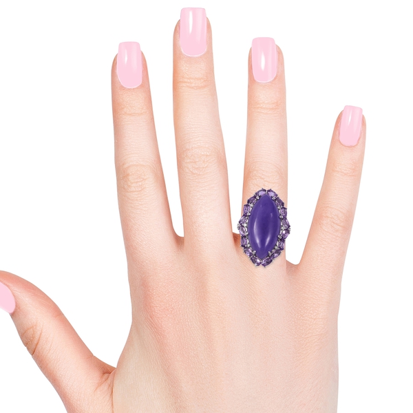 Purple Jade (Mrq 23.75 Ct), Rose De France Amethyst and Natural White Cambodian Zircon Ring in Platinum Overlay Sterling Silver 27.300 Ct. Silver wt 7.49 Gms.