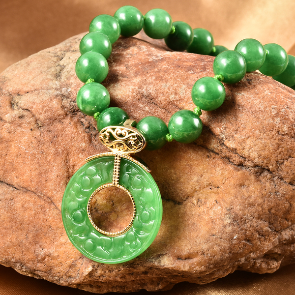 Carved Green Jade Beads Necklace (Size 18) with Magnetic Lock in Yellow Gold Overlay Sterling Silver 356.00 Ct