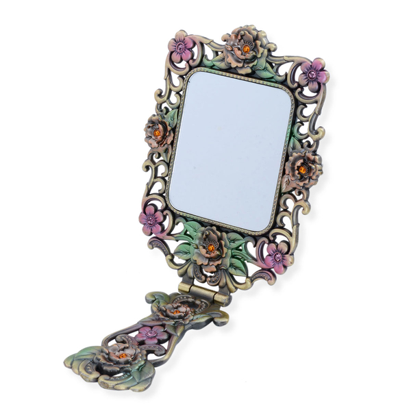 (Option 1) Multi Colour Enameled Floral Pattern Foldable Compact Mirror in Gold Tone with Simulated Stone