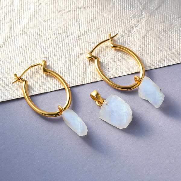 2 Piece Set - Rainbow Moonstone Pendant and Detachable Hoop Earrings with Clasp  in 14K Gold Overlay Sterling Silver 13.04 Ct.