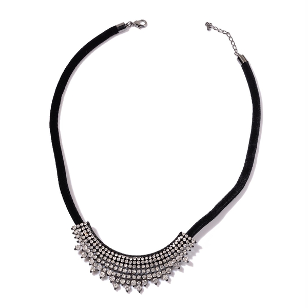 White Austrian Crystal Necklace (Size 20 with 2 inch Extender) in Black Tone with Velvet Cord