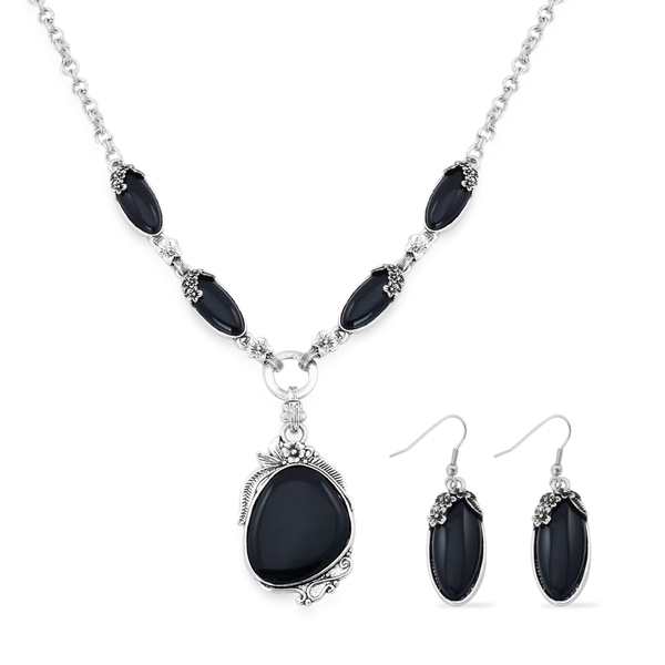 Black Onyx Necklace (Size 20) and Hook Earrings in Black Tone 40.000 Ct.