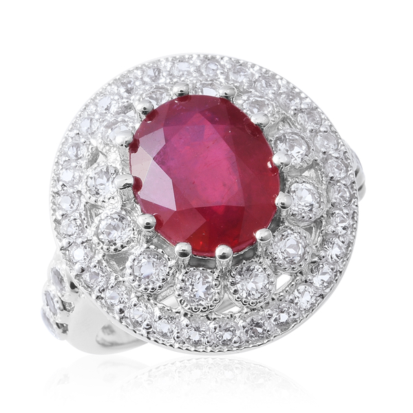 9.6 Ct Limited Edition African Ruby and White Topaz Halo Ring in Rhodium Plated Silver 8.15 Grams