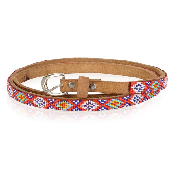 Genuine Leather Handmade Red, Yellow, White and Multi Colour Seed Beaded Belt (Size 110x1.25 Cm)