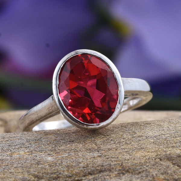 Blazing Red Triplet Quartz (Ovl) Solitaire Ring in Platinum Overlay Sterling Silver 3.750 Ct.