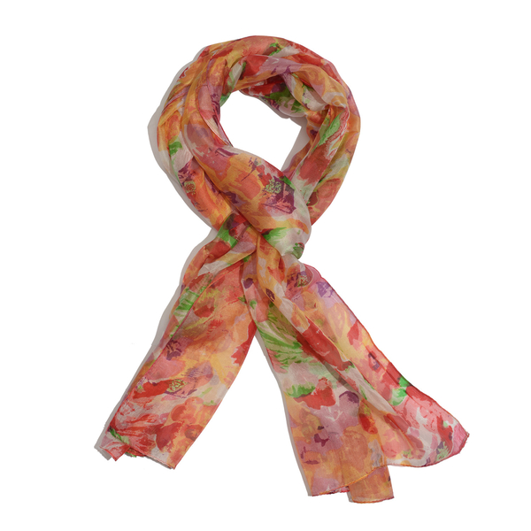 100% Mulberry Silk Orange, Red and Multi Colour Floral Pattern Scarf (Size 180x50 Cm)