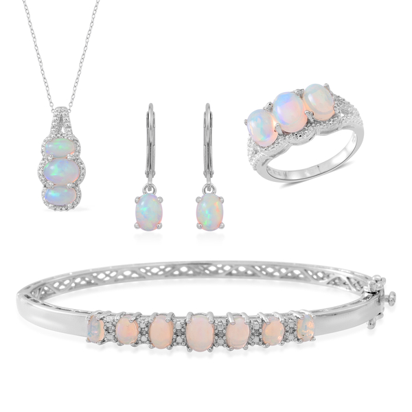 Ethiopian Welo Opal (Ovl) Ring, Bangle (Size 7.50), Pendant with Chain and Lever Back Earrings in Rh