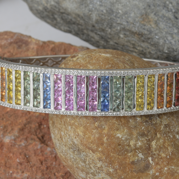Rainbow Sapphire (Princess), Natural Cambodian Zircon Bangle (Size 7.5) in Platinum Overlay Sterling Silver 16.00 Ct, Silver wt 35.00 Gms.