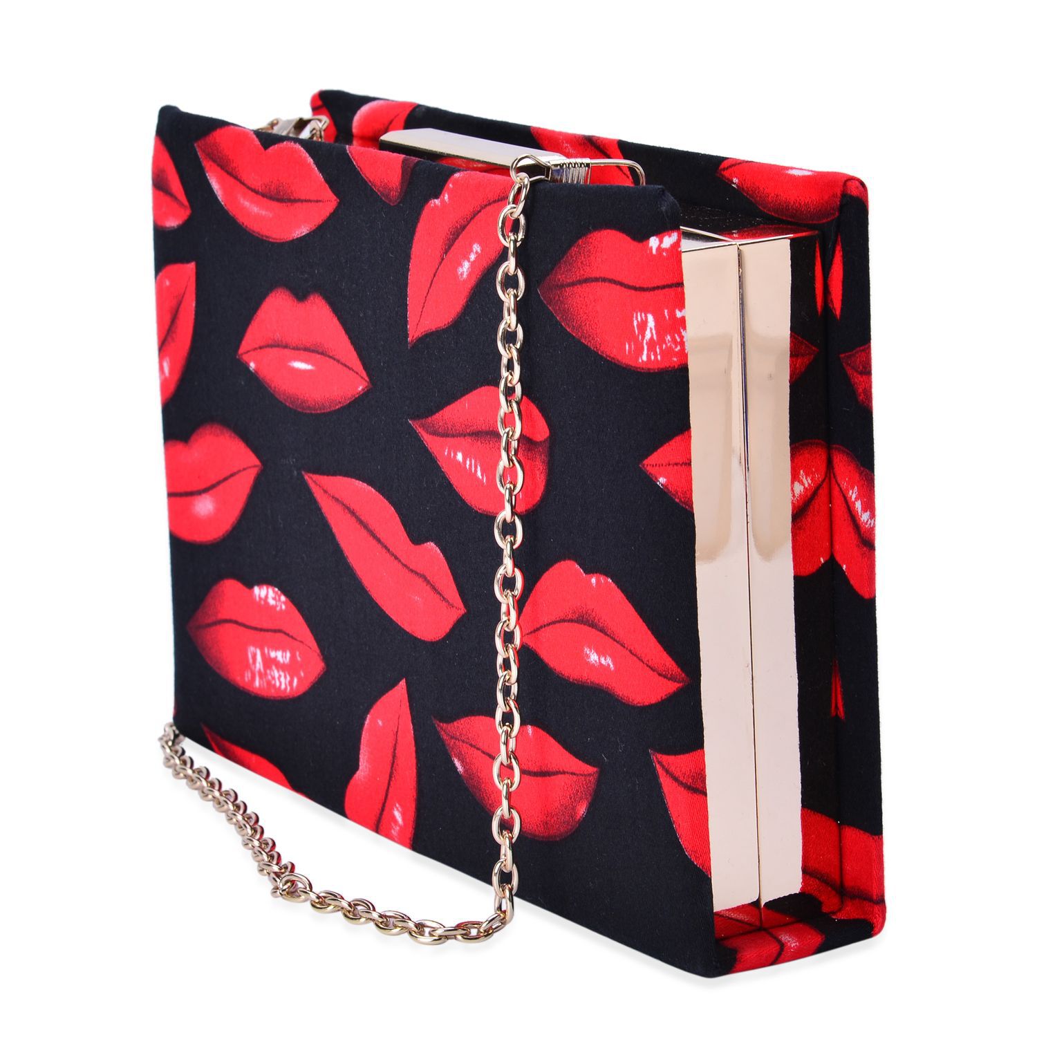 (Option 1) Red Colour Lips Pattern Black Colour Clutch Bag with Removable Chain Strap (Size 20x14x4 Cm)