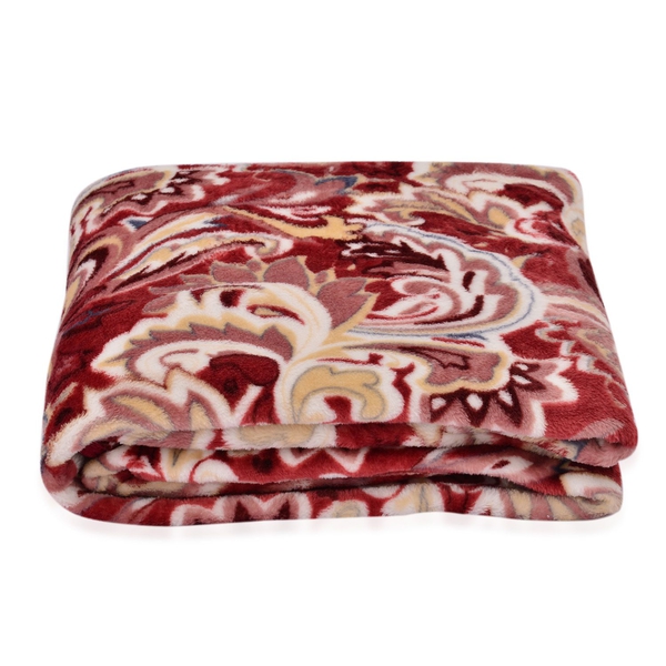 Superfine 290 GSM Microfibre Printed Flannel Blanket with Paisley Design and Knitted Border 150X200 cm