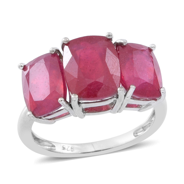African Ruby (Cush 3.25 Ct) 3 Stone Ring in Rhodium Plated Sterling Silver 6.750 Ct.