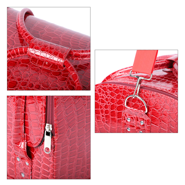 3 Layer Croc Embossed Pattern Jewellery Box with Detachable Shoulder Strap (Size 30x26x24Cm) - Burgundy