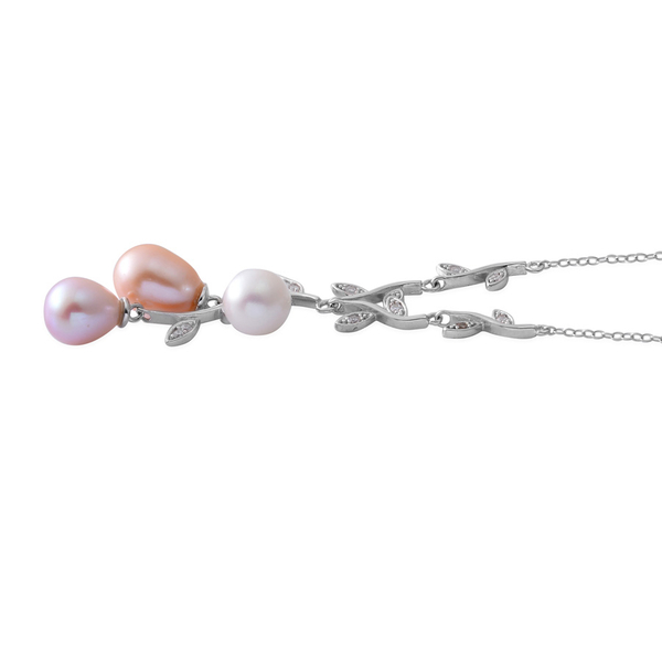 Fresh Water White, Peach and Purple Pearl, Simulated Diamond Necklace (Size 18) in Rhodium Plated Sterling Silver 14.100 Ct.