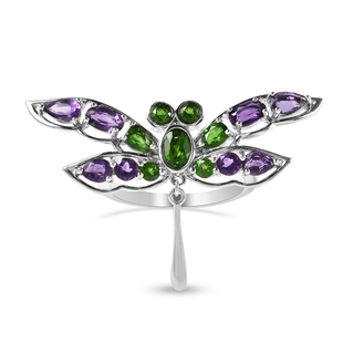 LucyQ Dragonfly Collection - Chrome Diopside and Amethyst Ring in Rhodium Overlay Sterling Silver 2.