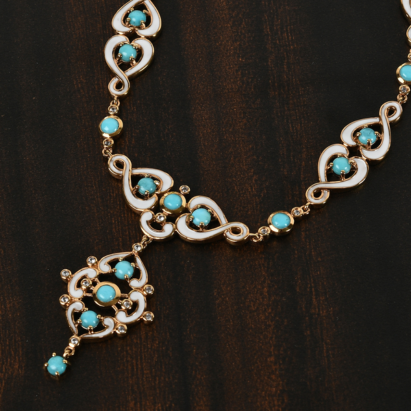 Arizona Sleeping Beauty Turquoise and Natural Cambodian Zircon Enamelled Necklace (Size - 18 with 2 inch Extender) in Yellow Gold Overlay Sterling Silver 9.82 Ct, Silver wt. 19.46 Gms