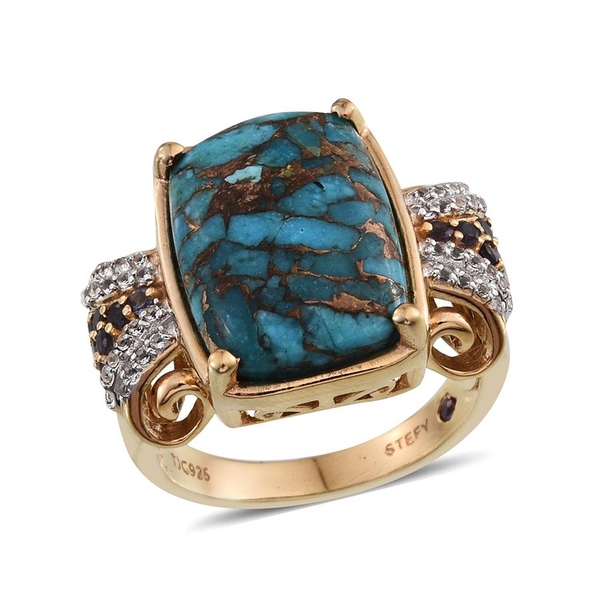 Stefy Blue Turquoise (Cush 11.00 Ct), Iolite, Pink Sapphire and White Topaz Ring in 14K Gold Overlay
