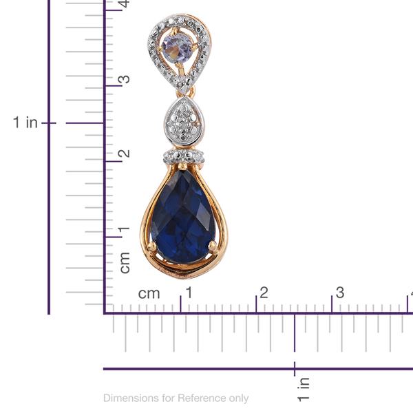 Checkerboard Cut Ceylon Colour Quartz (Pear), Bondi Blue Tanzanite and Diamond Earrings (with Push Back) in 14K Gold Overlay Sterling Silver 7.770 Ct.