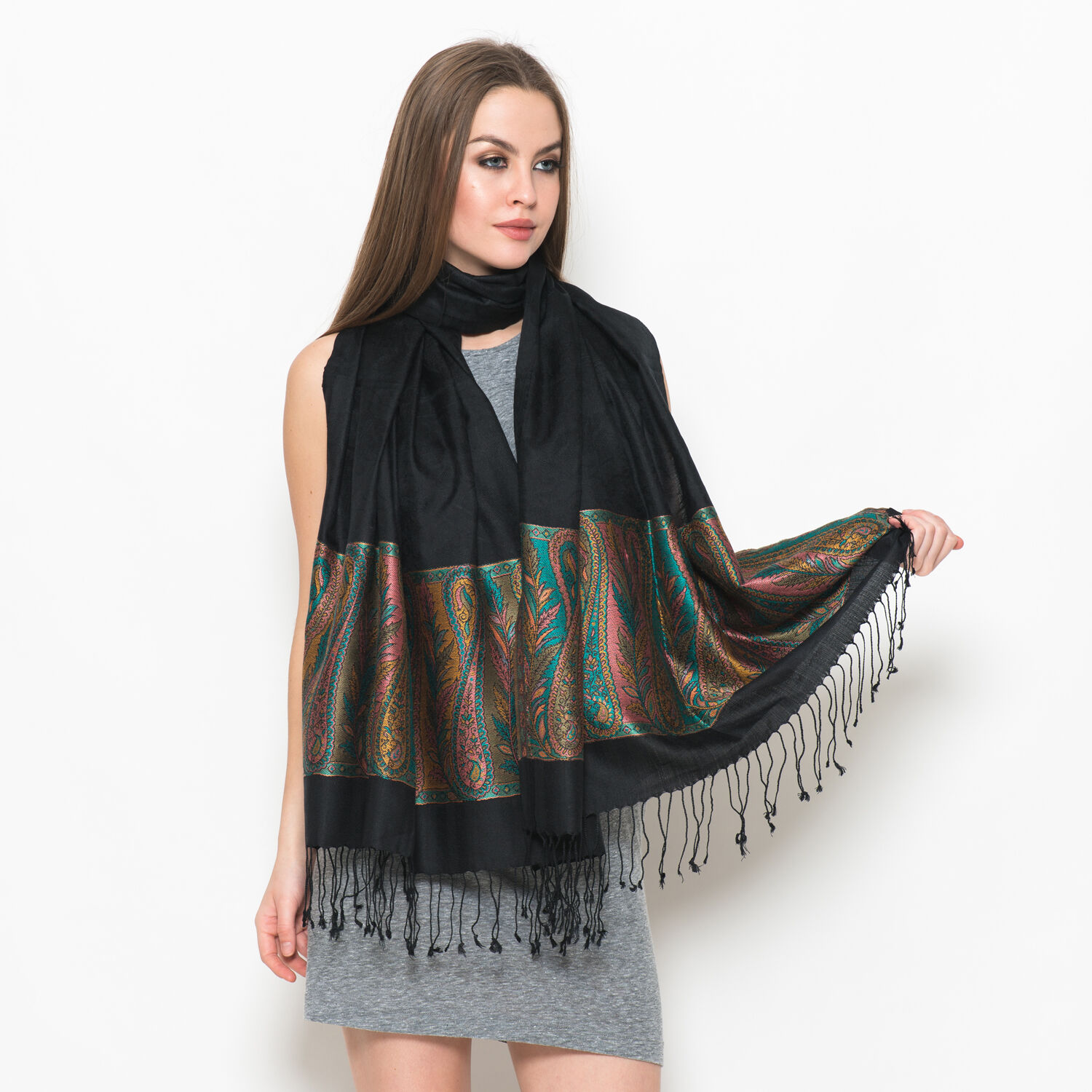 100% Superfine Silk Multi Colour Paisley Pattern Black Colour Jacquard Jamawar Scarf with Fringes (S