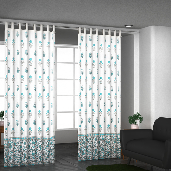 Set of 2 - Floral Printed Cotton Curtain with Tie Back Loops - White, Teal & Grey