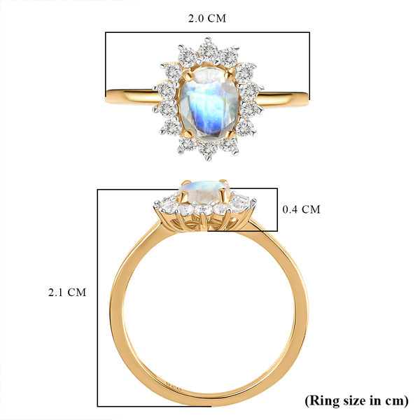 Rainbow Moonstone and Natural Cambodian Zircon Ring in 14K Gold  Overlay Sterling Silver 1.18 Ct.