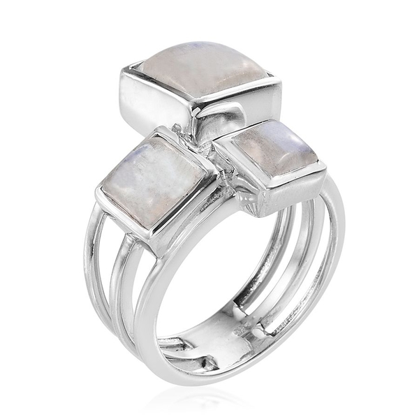 Natural Rainbow Moonstone (Sqr 4.50 Ct) 3 Stone Ring in Platinum Overlay Sterling Silver 7.750 Ct.