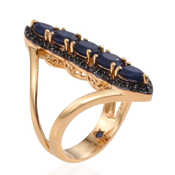 GP Diffused Blue Sapphire (Ovl), Boi Ploi Black Spinel and Kanchanaburi Blue Sapphire Ring in 14K Gold Overlay Sterling Silver 3.250 Ct.