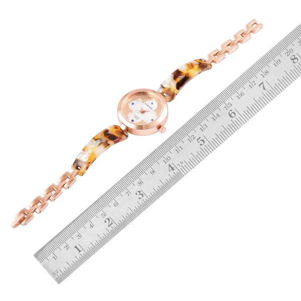 Designer Inspired-STRADA Japanese Movement Blue Austrian Crystal Studded White Dial Watch in Rose Gold Tone with Amber Colour Strap