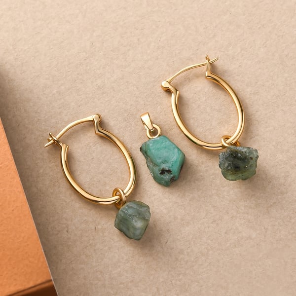 2 Piece Set - Socoto Emerald Pendant and Detachable Hoop Earrings with Clasp in 14K Gold Overlay Sterling Silver 15.16 Ct.