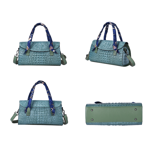 SENCILLEZ 100% Genuine Leather Croc Embossed Pattern Convertible Bag with Shoulder Strap (Size 33x10x20 Cm) - Pale Teal