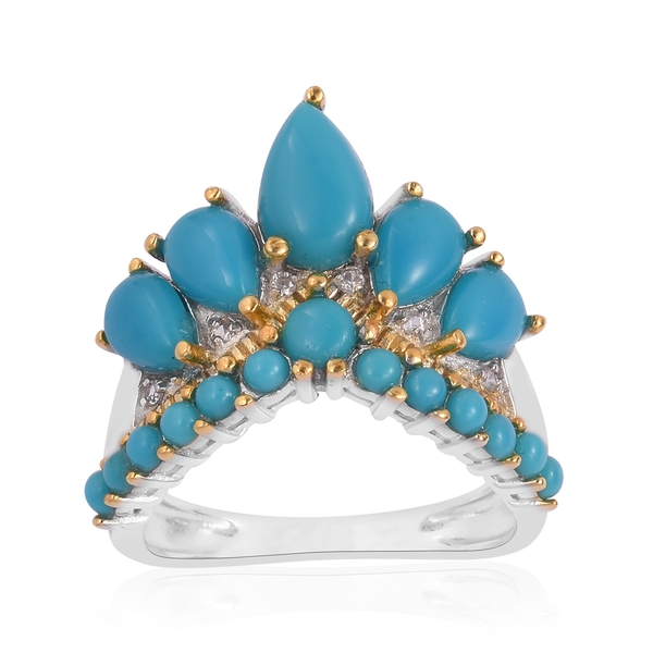 AA Arizona Sleeping Beauty Turquoise (Pear), Natural White Cambodian Zircon Crown Ring in Rhodium an