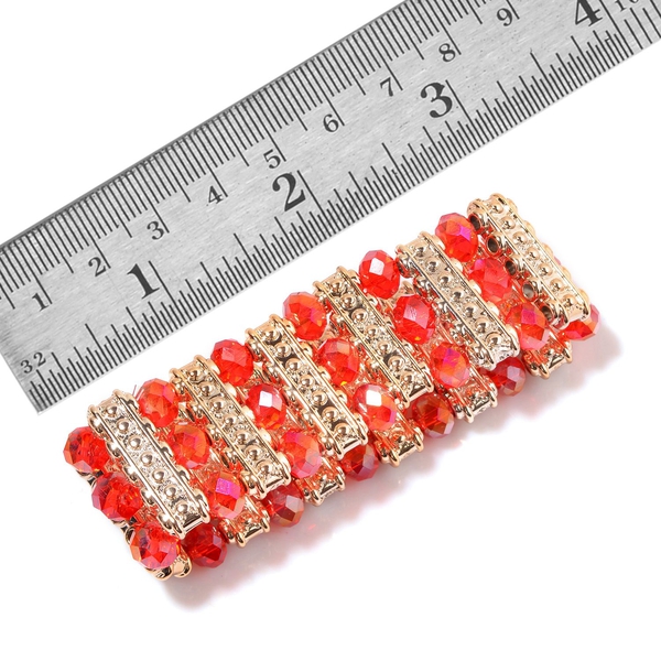 Red Glass and Simulated Stones Stretchable Bracelet (Size 7.5) in Gold Tone