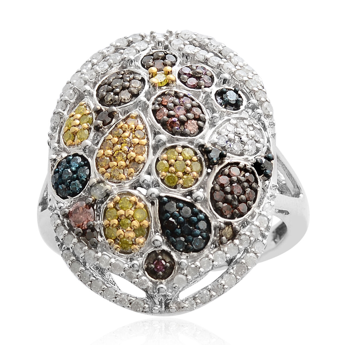 Multi Colour Diamond (Rnd) Ring in Blue, Yellow, Black and Platinum Overlay Sterling Silver 1.000 Ct