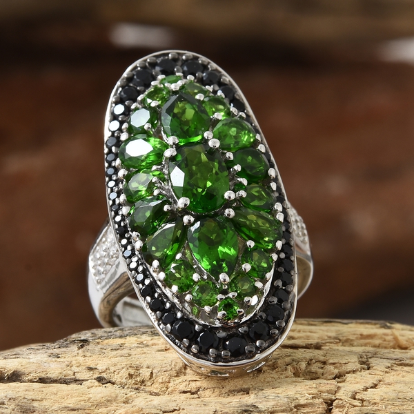 Chrome Diopside (Ovl),Boi Ploi Black Spinel, Natural Cambodian Zircon Pond Ring in Platinum Overlay Sterling Silver 5.250 Ct., Silver wt 7.00 Gms.