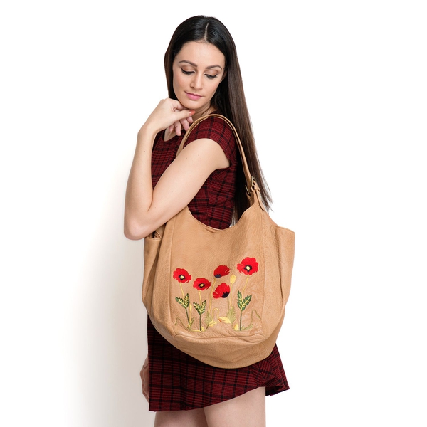 Genuine Leather Floral Embroidered Tan Colour Handbag