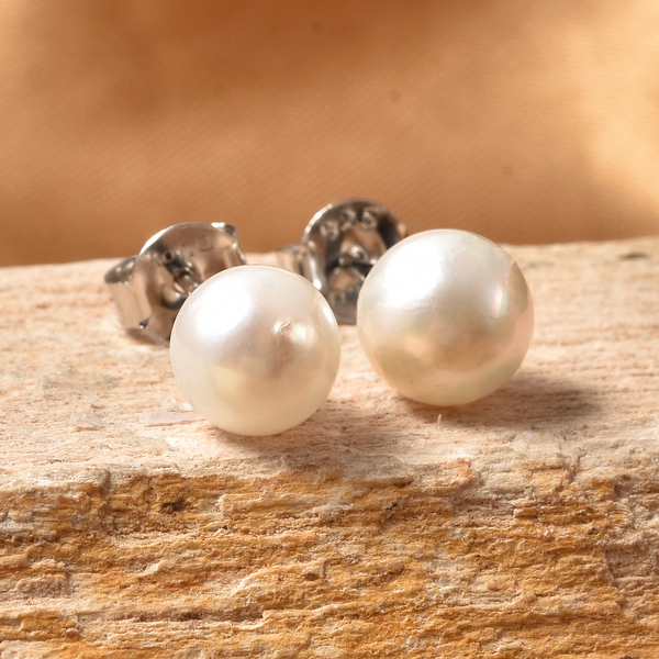 Japanese Akoya Pearl Stud Earrings (with Push Back) in Rhodium Overlay Sterling Silver