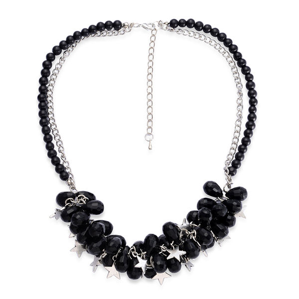 Black Glass and Simulated Stone Necklace (Size 18) in Silver Tone