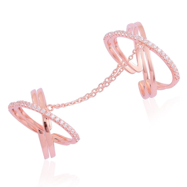 AAA Simulated White Diamond 2 Rings with Chain in Rose Gold Overlay Sterling Silver