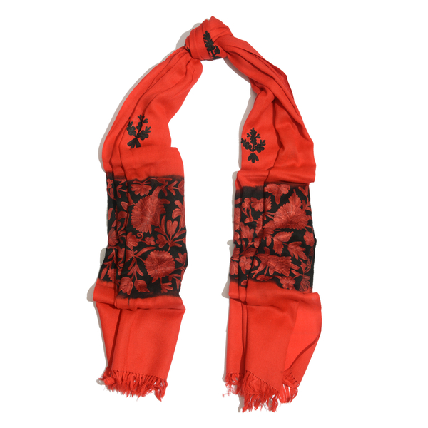 Superfine 100% Merino Wool Leaves Embroiderd Red and Black Colour Scarf (Size 190x70 Cm)