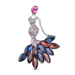 Multi Colour Austrian Crystal and Simulated Pink Sapphire Girl Brooch in Silver Tone
